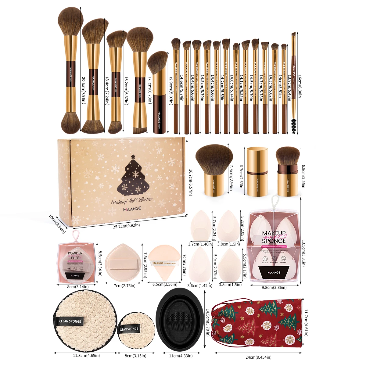MAANGE 50 szt. Zestaw narzędzi do makijażu 20 szt. Pędzle do podkładu i cieni do powiek 27 szt. Zestaw puszek do pudru z miseczką do czyszczenia, torbą na pędzle, prezent do makijażu