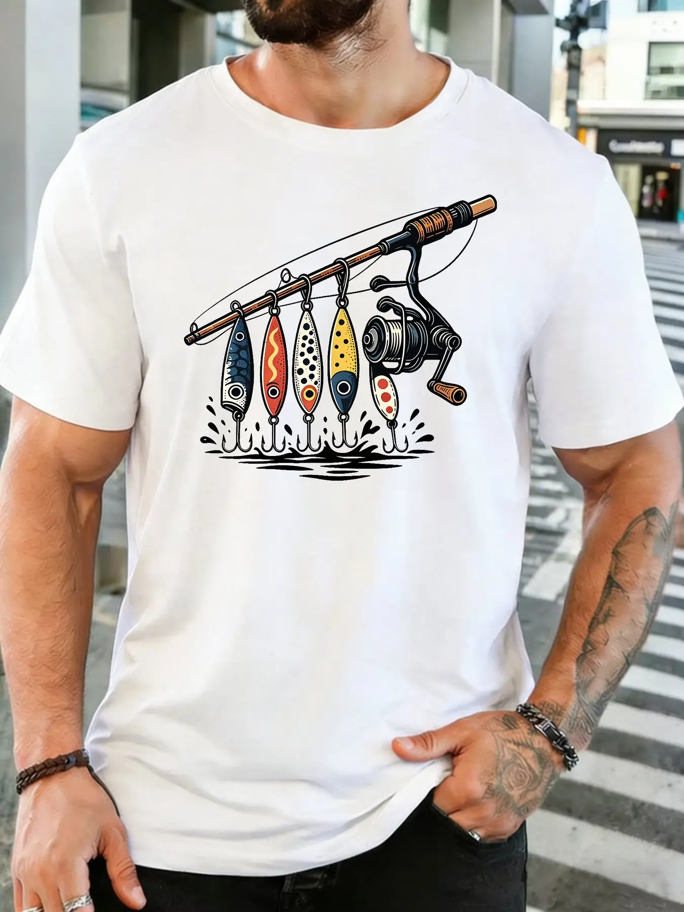 Vintage Fishing Rod Lures Reel Graphic Mens Soft Cotton Short Sleeve Tshirt Loose Outdoor Angler Casual Daily Street Wear Tee