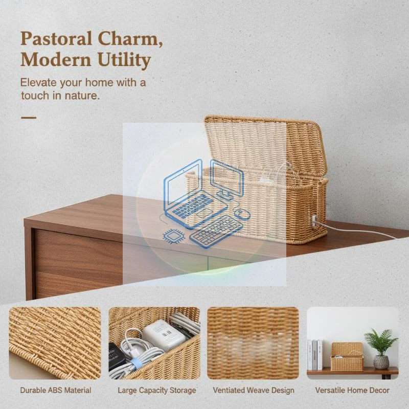 Hand-Woven Cable Management Basket - Decorative Charging Station & Desktop USB Cable Storage Organizer Box