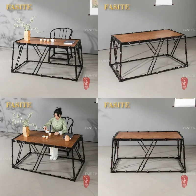 For Small Apartment Bamboo Woven Lacquer Tea Table Retro Zen Luxury New Chinese Style Living Room Reception Furniture High