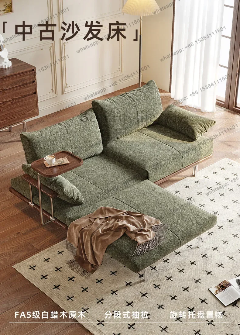 YJ Armchair Home Chenier Cream Style Solid Wood Sofa Bed Folding Dual Purpose Retractable Fabric Multifunctional Living Room Sof