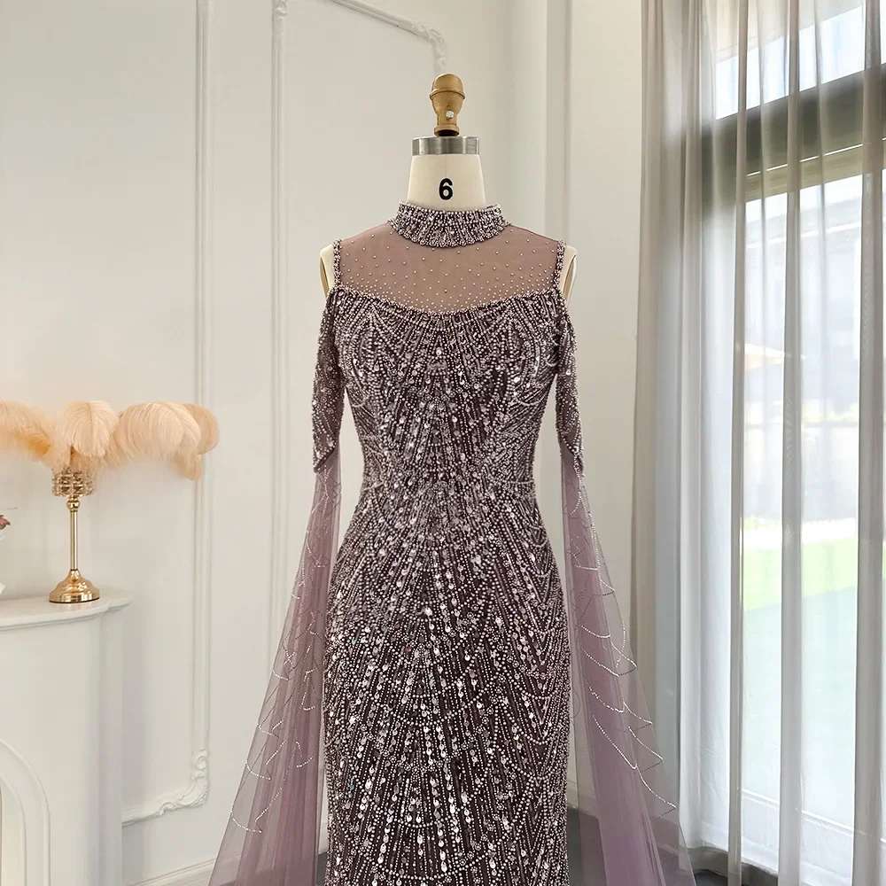 Customized Green Mermaid Luxury Dubai Evening Dress With Cape Sleeves Elegant Women Purple Wedding Formal Party Gown Formal Fash