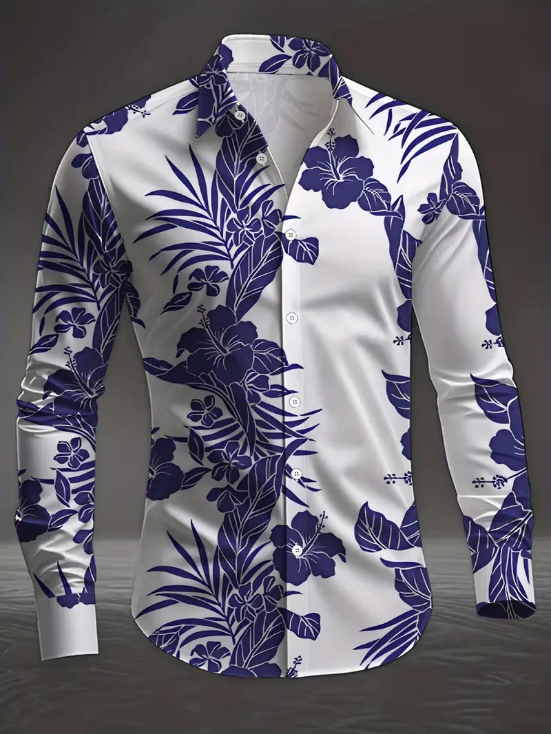 New men's fashionable long sleeved shirt with elegant 3D floral print and exquisite floral long sleeved shirt top