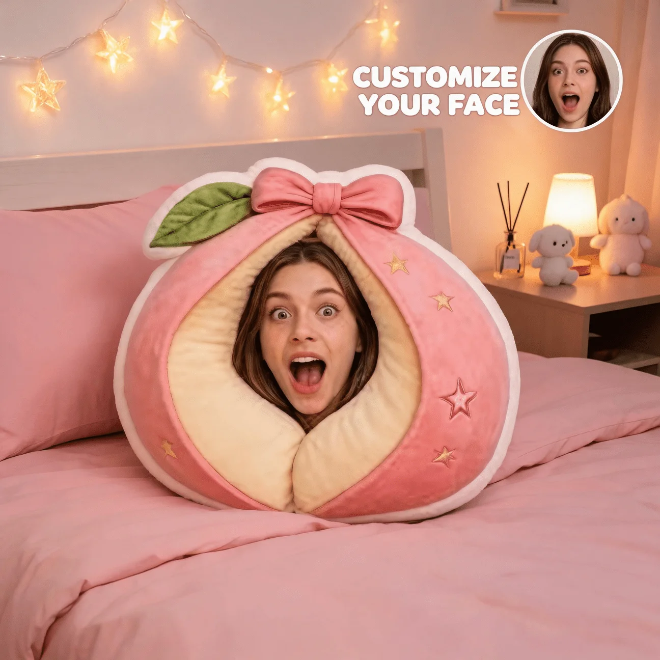 Custom Face Photo Shaped Pillow, Peach Design Decorative Cushion with Bow And Stars, 60CM Large Size Accent Pillow for Sofa And