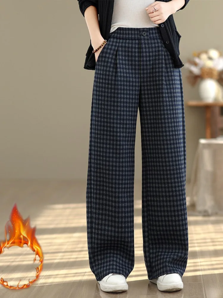 미국 레트로 체크 울 스트레이트 팬츠 여성 겨울 하이웨이스트 슬림 캐주얼 바지 안감 있는 와이드 레그 팬츠