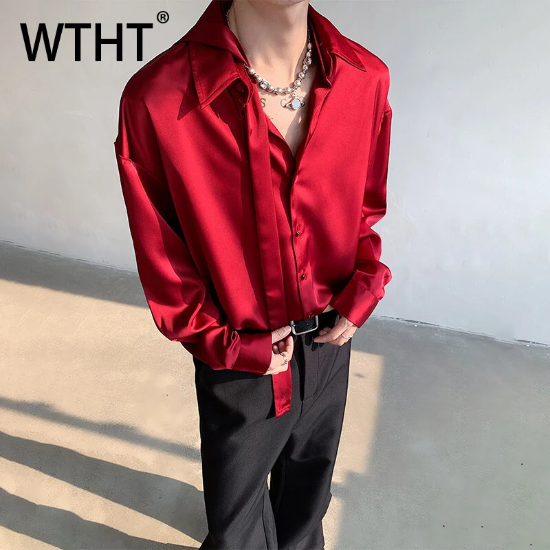 

WTHT Fashion Men's Solid Color Ribbon Turn Down Collar Shirts Trendy Long Sleeves Single-breasted Tops Male 2025 Summer 2A0795