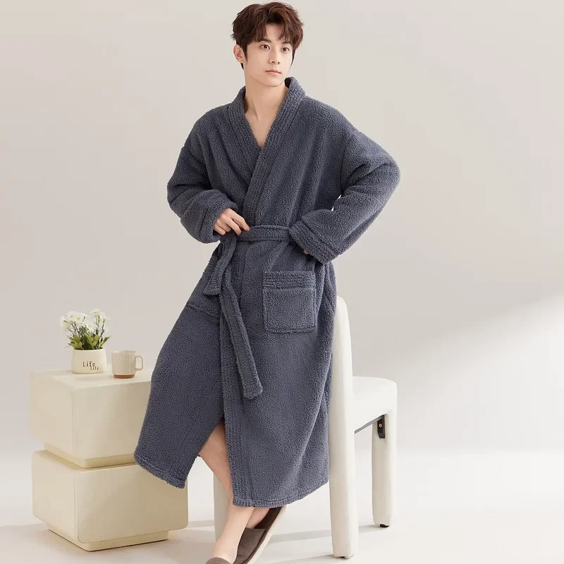 2024 New Men's Winter Thick Flannel Robes Sexy V-neck Dressing Gown Solid Soft Warm Fleece Robes for Men Casual Home Sleepwear