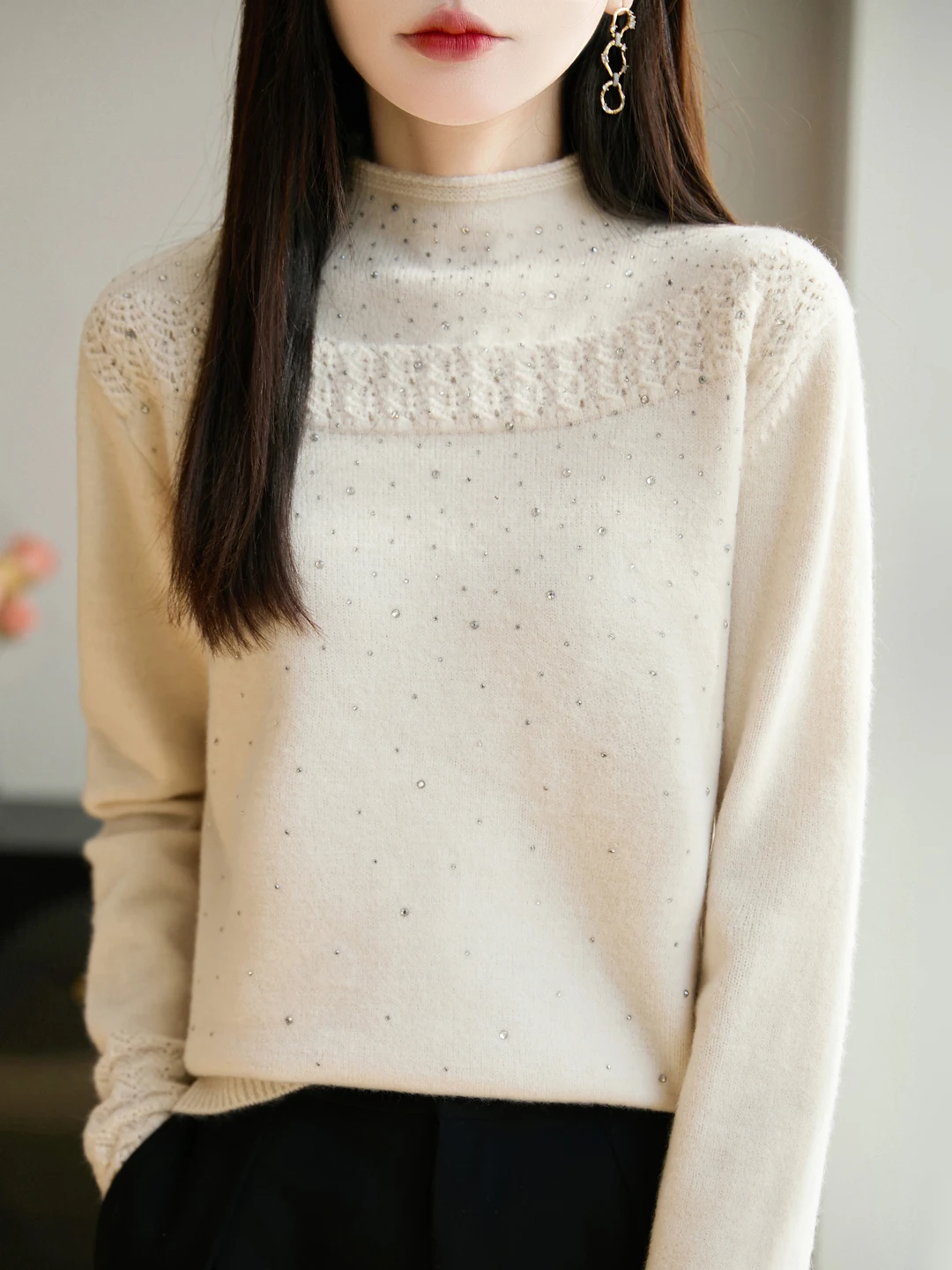 

Женский вязаный свитер Ele Thiened, модный базовый слой с высоким воротником, топ с цветочным узором и бриллиантами