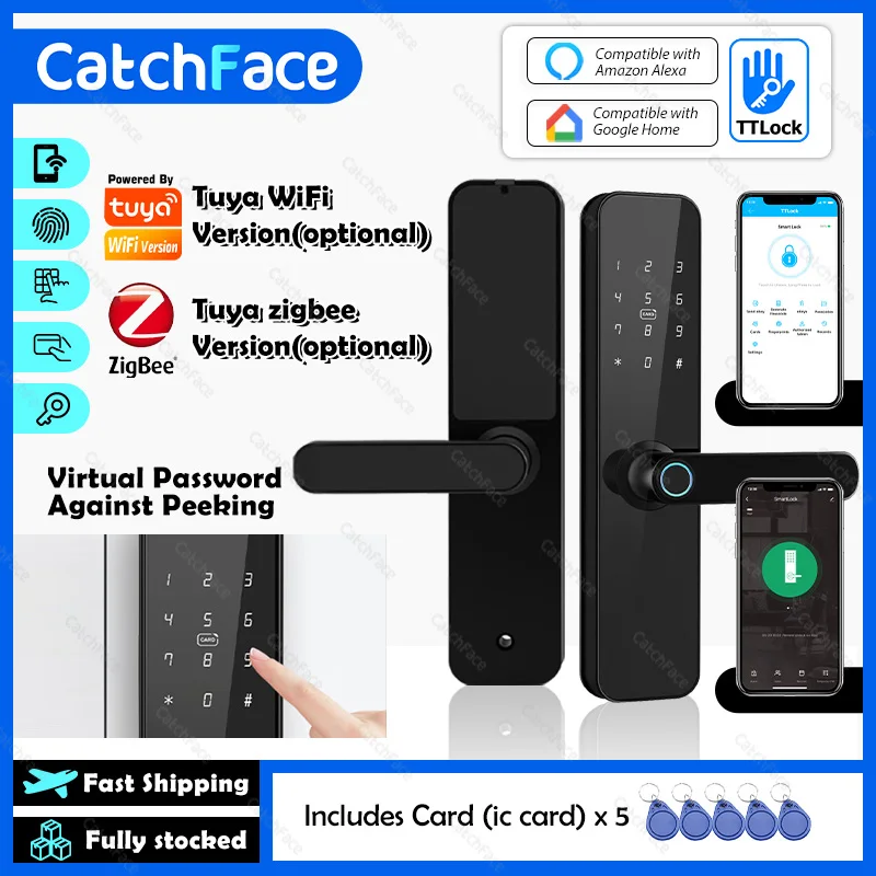 TUYA /TTLock WIFI/Zigbee/Bluetooth APP Electronic Fingerprint Digital Smart Door Lock Password IC RFID Card Home Security