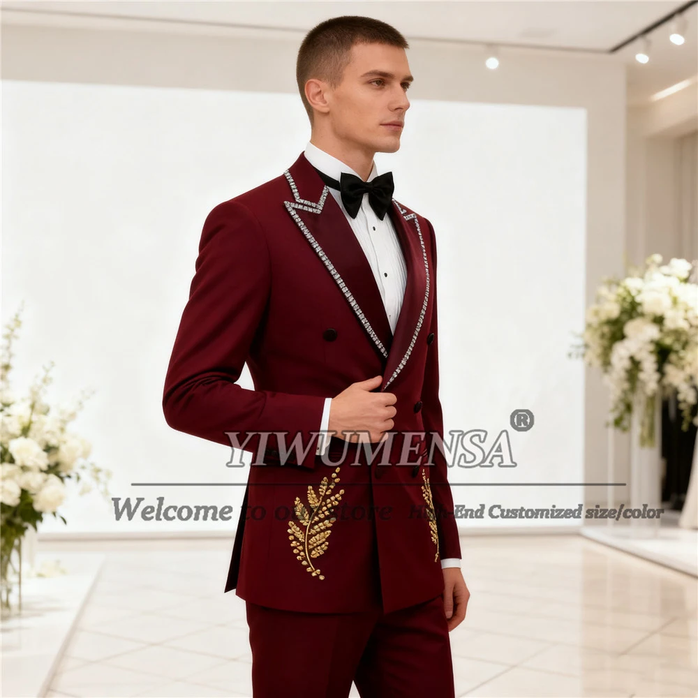 

Men's Glitter Crystal Beaded Wedding Suit 2 Pieces Sets Double Breasted Blazer Customized Groom Tuxedo With Pants Banquet Attire
