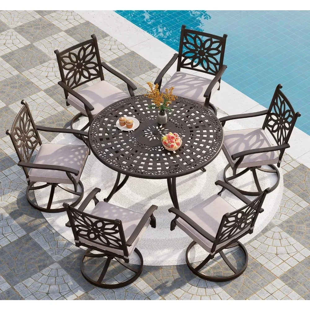 

Cast Aluminum Patio Dining Set for 6 Person, 7 Piece Outdoor Patio Set with 54 Dia Cast-Top Aluminum Table
