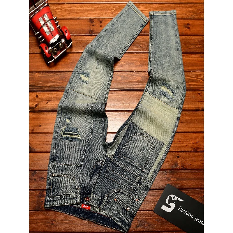 

Street Style Handsome Retro Personality Jeans for Men with Patchwork and Ripped Design Slim Fit Trendy American Style Long Pants