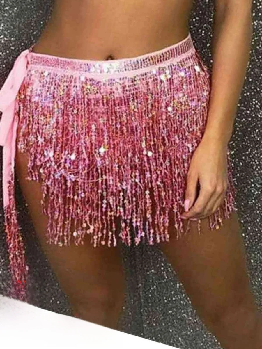 Halloween Belly Dance Skirt Sequin Tassel Waistcloth Bright Bohemian Bowknot Shiny Dance Dress Waist Shawl Festive Women's Wear