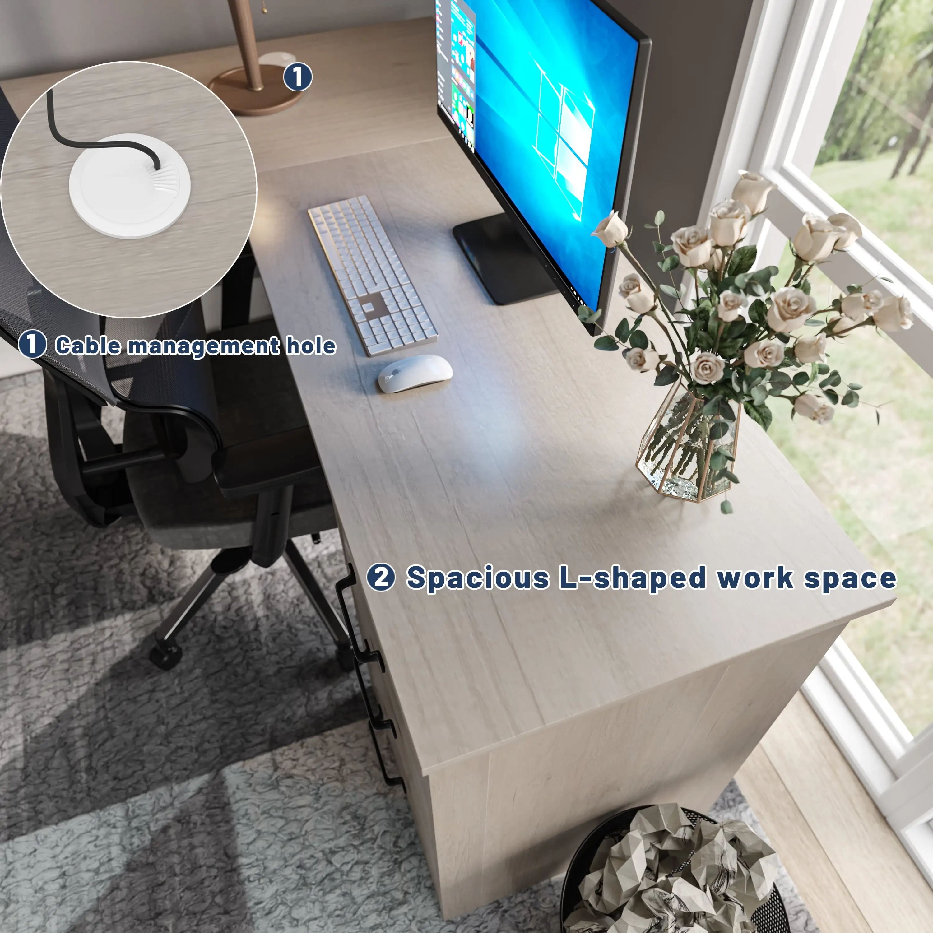 L Shaped Desk Corner Office Desk Computer Desk with Storage Cabinet & Drawers, Gray