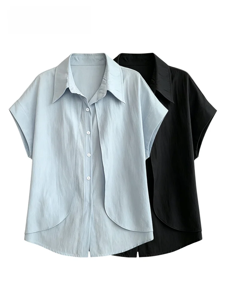 plus Size Women's Short Sleeve Shirt Korean Style V-Neck Casual Summer Top Fake Two-Piece Loose Fit Polyester Fiber