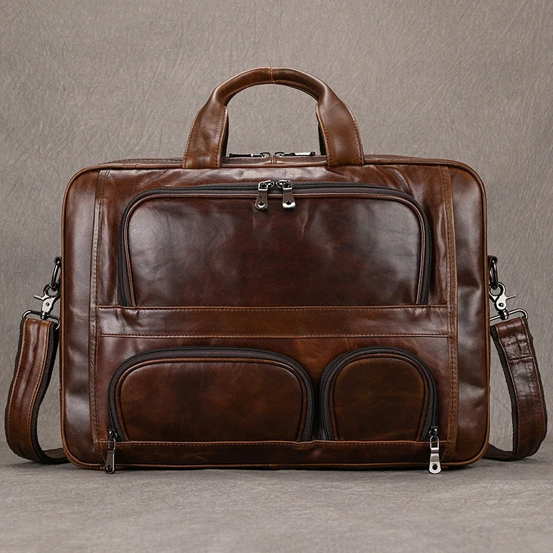 

New leather briefcase cowhide 17-inch large-capacity business laptop bag men's oily leather shoulder commuting