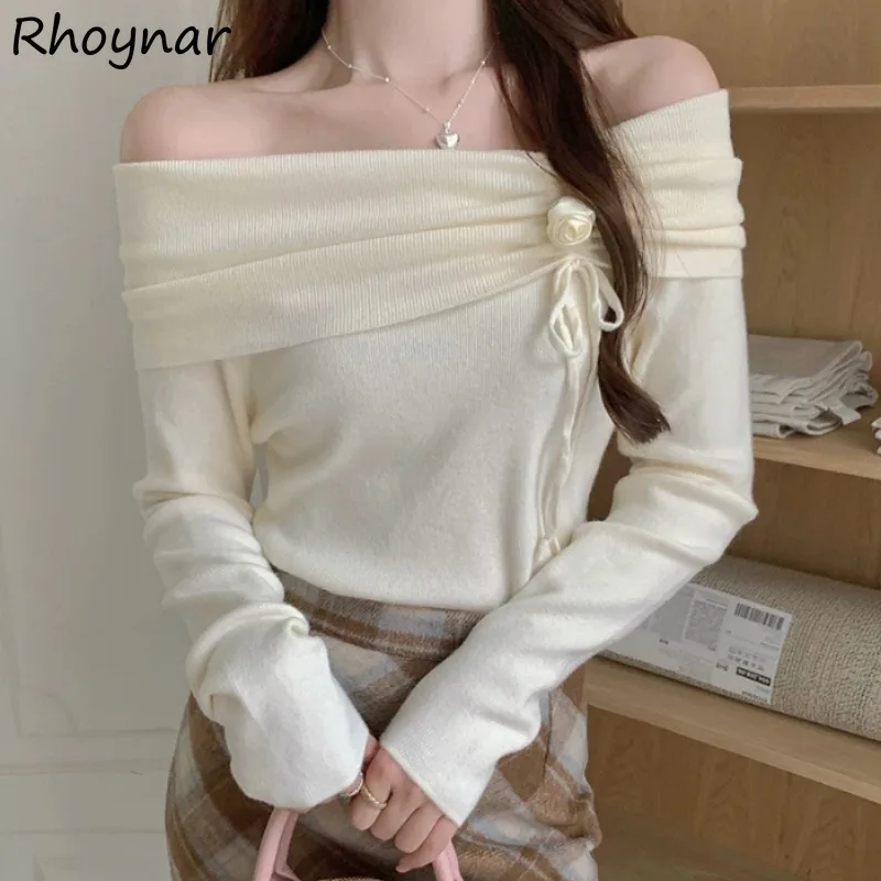 Pullovers Women Autumn Gentle Graceful Ladies Temperament Slash Neck Off Shoulder Floral Design Ulzzang Streetwear All-match Ins