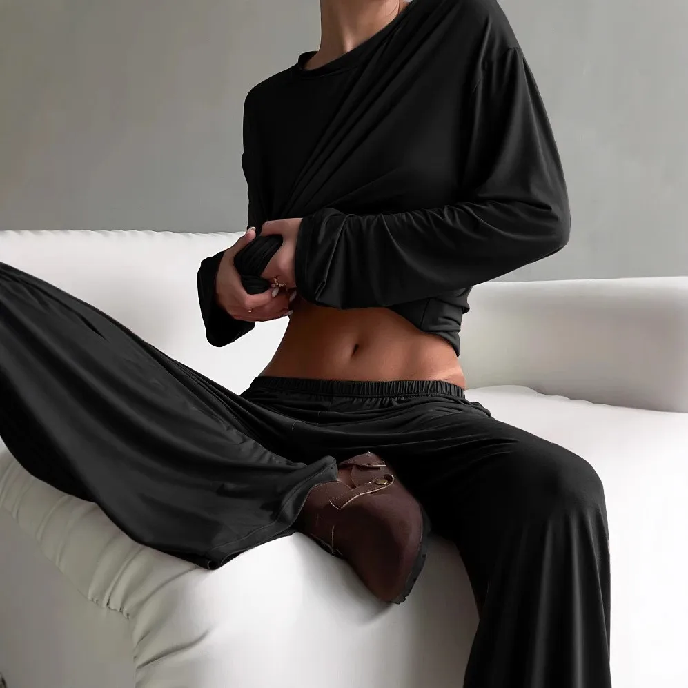 Long Sleeve Casual Set Full Length European and American Style with Stretchy Breathable Home Loungewear for Women Autumn Spring