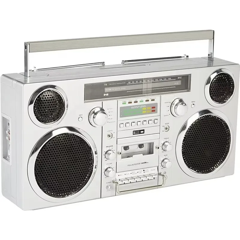 1980S Style Portable Speaker - CD Player, Tape Player, FM Radio, USB, Wireless Bluetooth Speaker - Silver