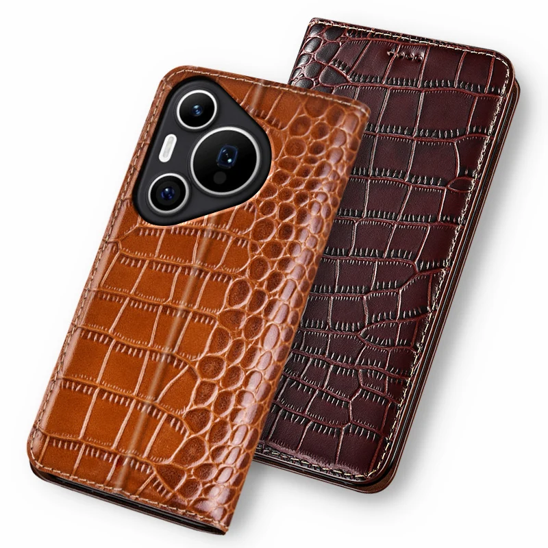 

Cases For Huawei Pura 70 Pura70 Pro+ Ultra 5G Luxury Crocodile Flip Case Cowhide Genuine Leather Magnetic Wallet Covers