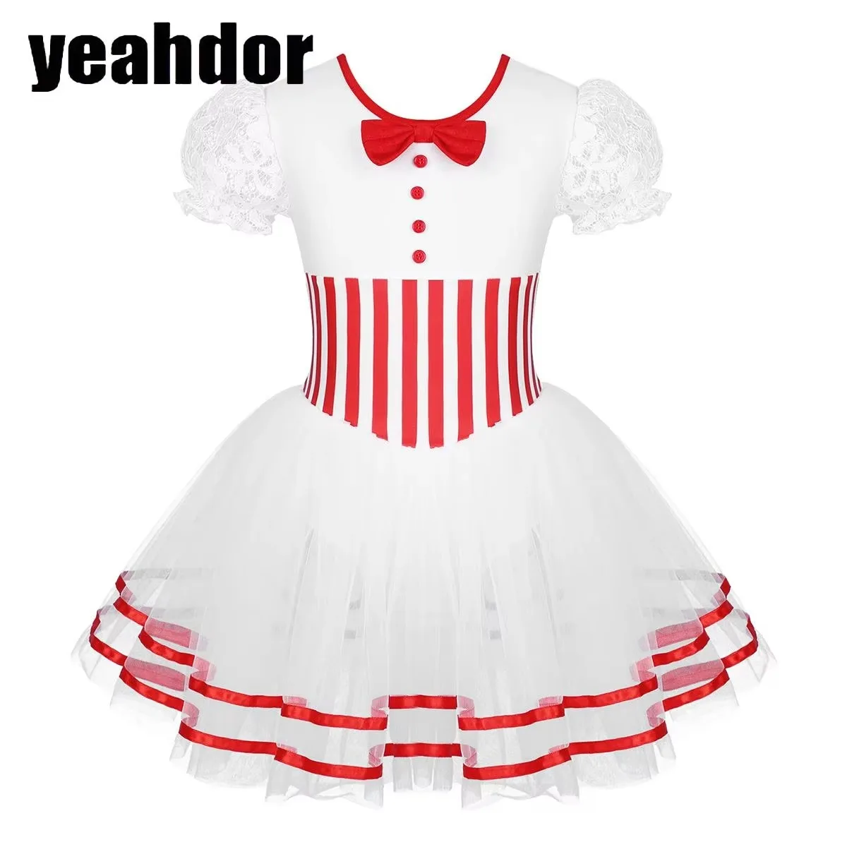 

Girls Christmas Ballet Dance Tutu Dress Lace Puff Sleeves Stripe Print Bow Mesh Candy Can Leotard Dress Figure Skating Dancewear