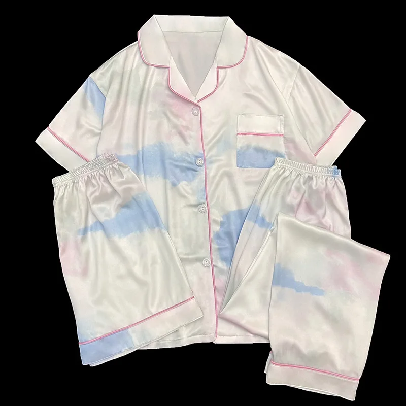 New Three-Piece Pajamas Set, Summer Style, Ice Silk Short-Sleeve, Blue and Pink Gradient, Girl’s Cardigan, Comfortable Home Wear