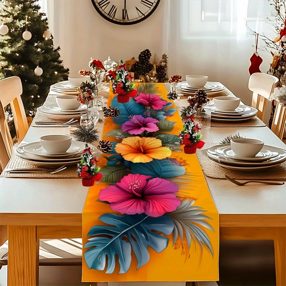 1 Piece Tropical Floral Bright-Colored Printed Table Runner, Suitable for Farmhouse, Indoor, Kitchen, Celebrations, Table Decoration, Restaurant, and Banquet Decoration Supplies