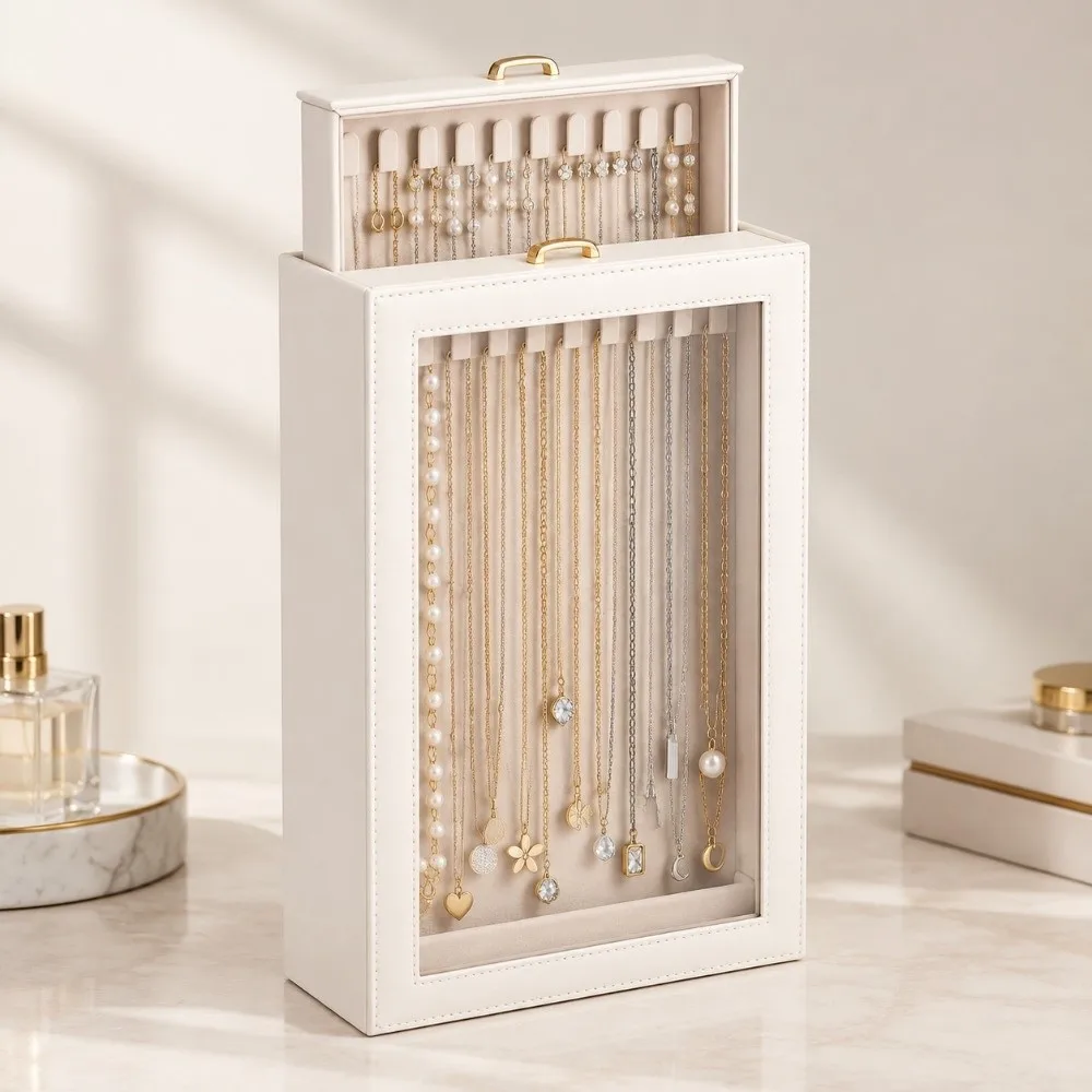 2 Layers Necklace Organizer Box Clear Window Pull-Out Access Jewelry Display Case Large Capacity portable Jewelry Drawer Case