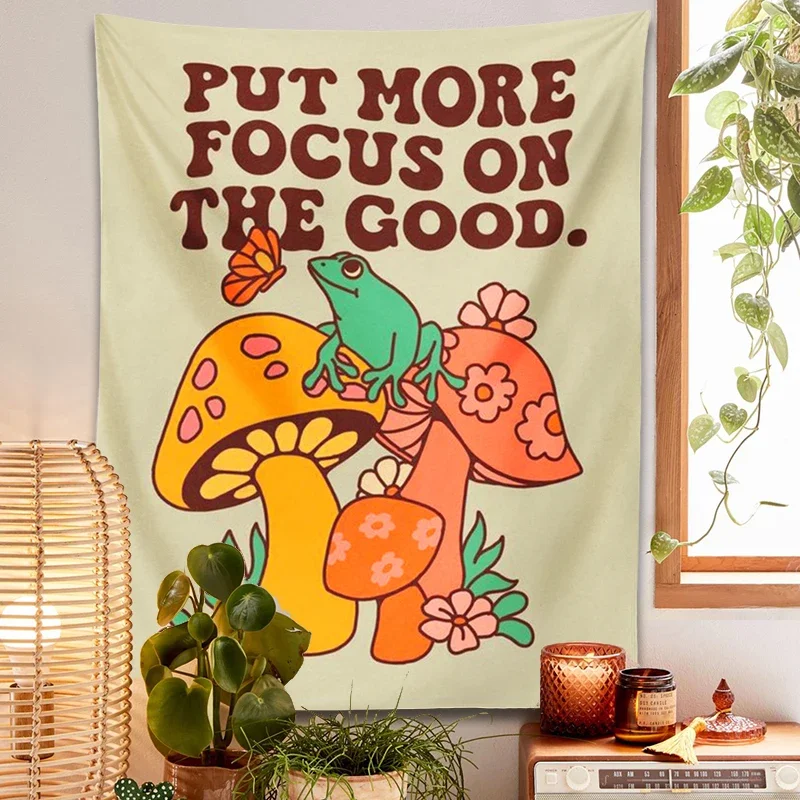 1pc Mushroom Frog Tapestry Wall Hanging Retro Put More Focus on The Good Trippy Aesthetic Room Decor Vintage Boho Wall Art