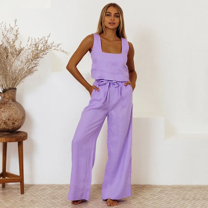 2024 New Comfortable And Casual Fashion Set Summer Autumn 100% Cotton Simple Women's Tank Top Sleeveless Long Pants Loose Suits