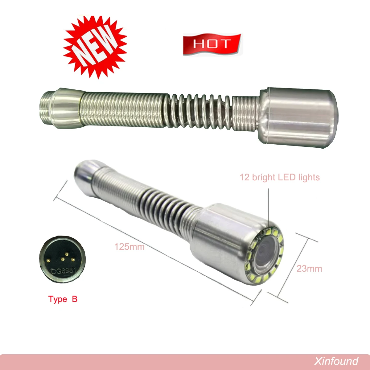 Kepala Kamera Inspeksi Pipa Saluran Pembuangan Tipe A B C dengan Pegas Lunak 23mm, Pengganti dengan 12 Lampu LED dan suku cadang perbaikan