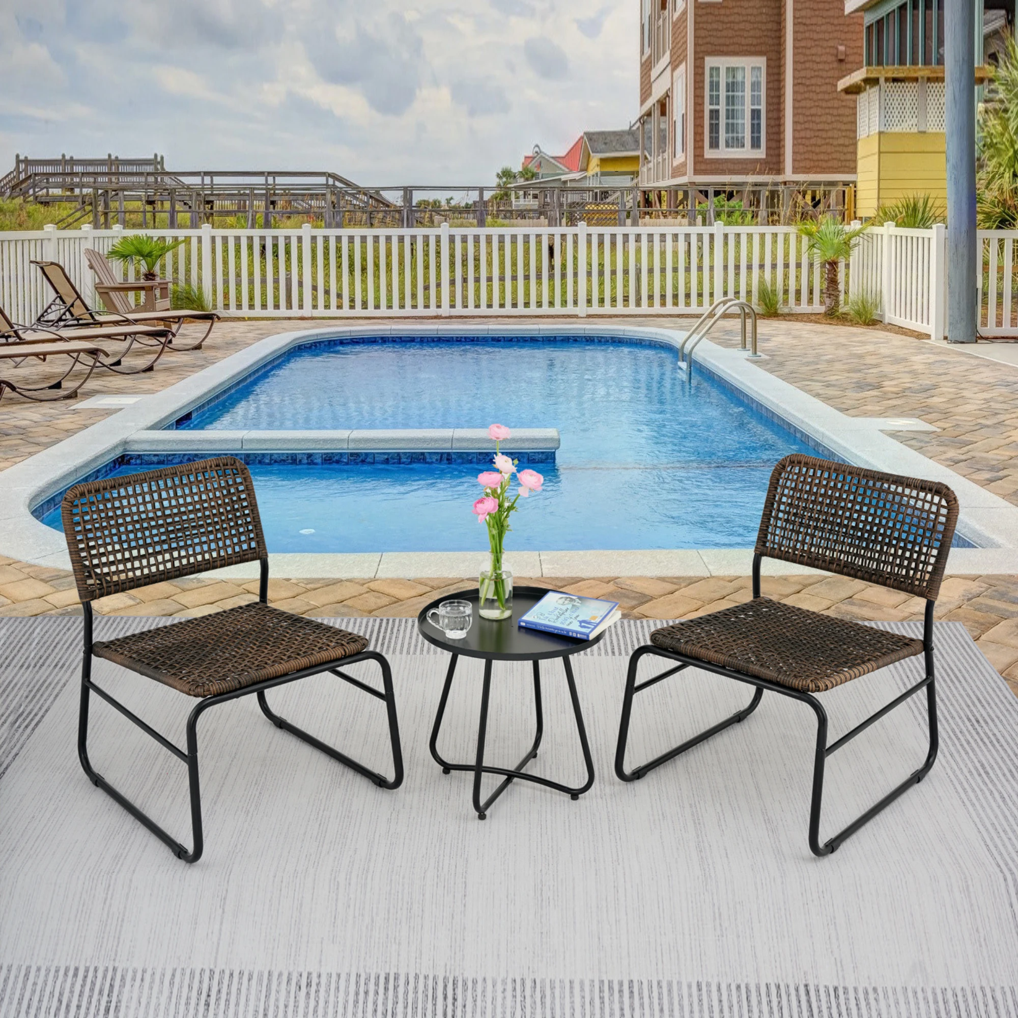 Patio Furniture Set 3 Piece Mixture Pattern PE Rattan Steel Frame And Modern Round Table, Brown and Black