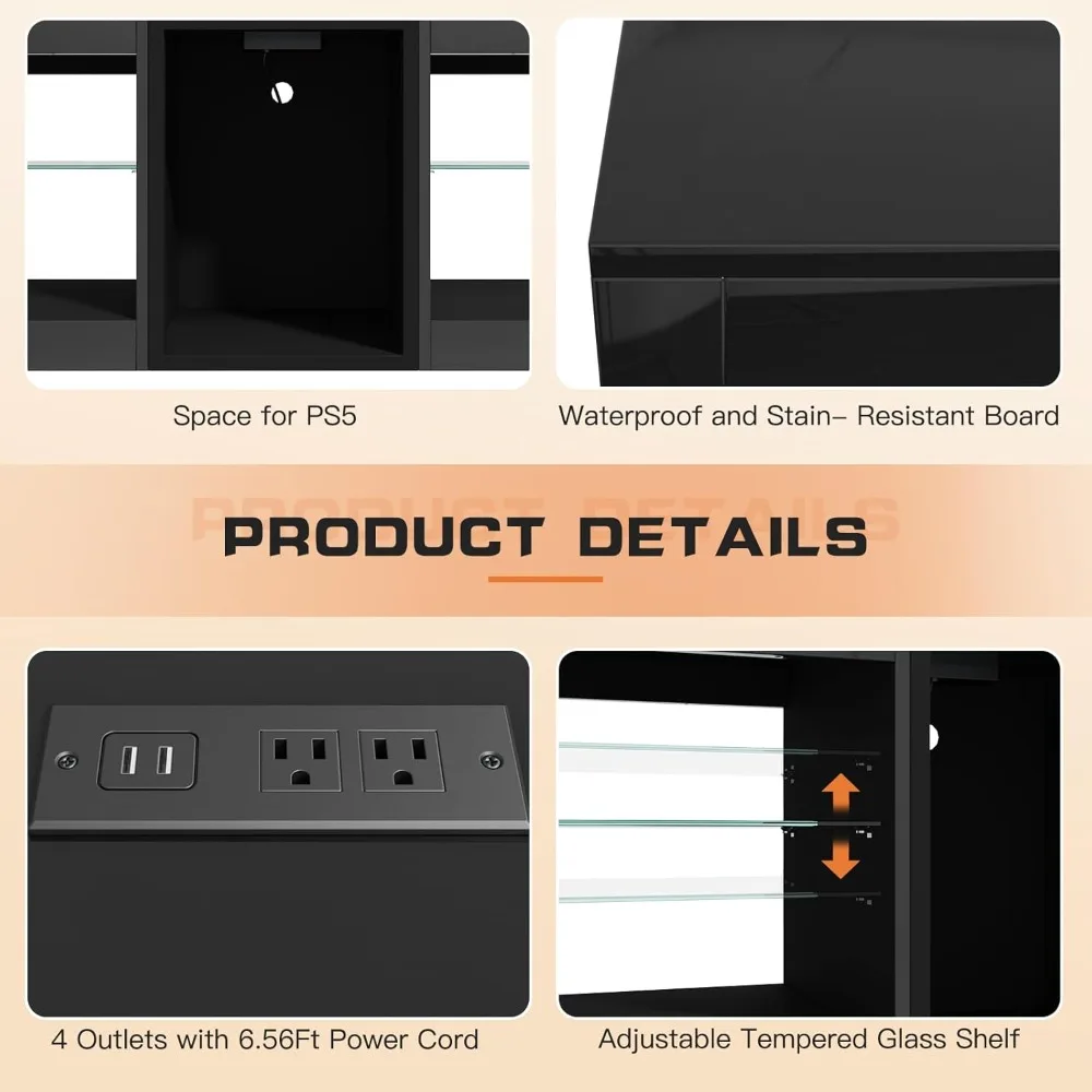 حامل تلفزيون LED عالي اللمعان مقاس 63 بوصة مع مخرج طاقة لتلفزيون 70 بوصة، ومركز ترفيه الألعاب لجهاز PS5، وحدات تحكم تلفزيون مع ضبط