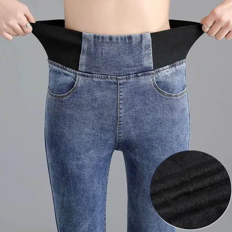 EVNISI المرأة عادية سميكة سروال شكل قلم رصاص ربيع الخريف الكشمير الدافئة تقليد الجينز للنساء عالية الخصر مكتب بنطلون 2024