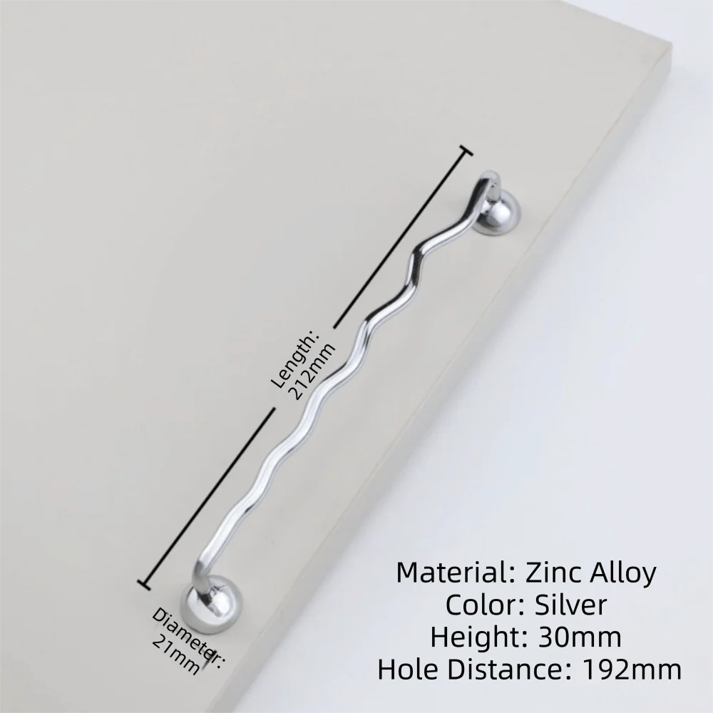 Zinc Alloy Cabinet Door Handles Bright Silver Irregular Shape Wardrobe Pulls Wave Shaped Modern Minimalist Furniture Knobs