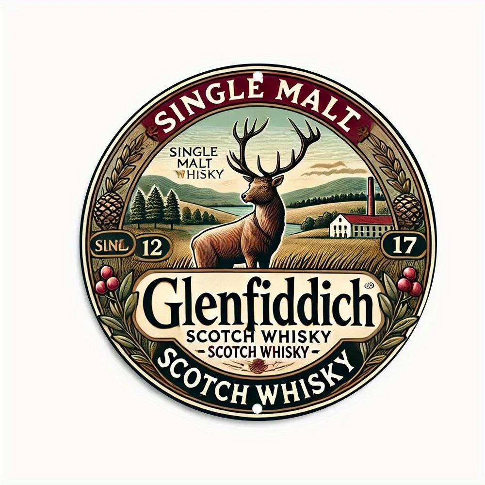 2D Flat, Glenfiddich Scotch Whisky Vintage Metal Wall Art Plaque - 20.32x20.32 cm Aluminum Tin Sign with Engraved Scottish Lands