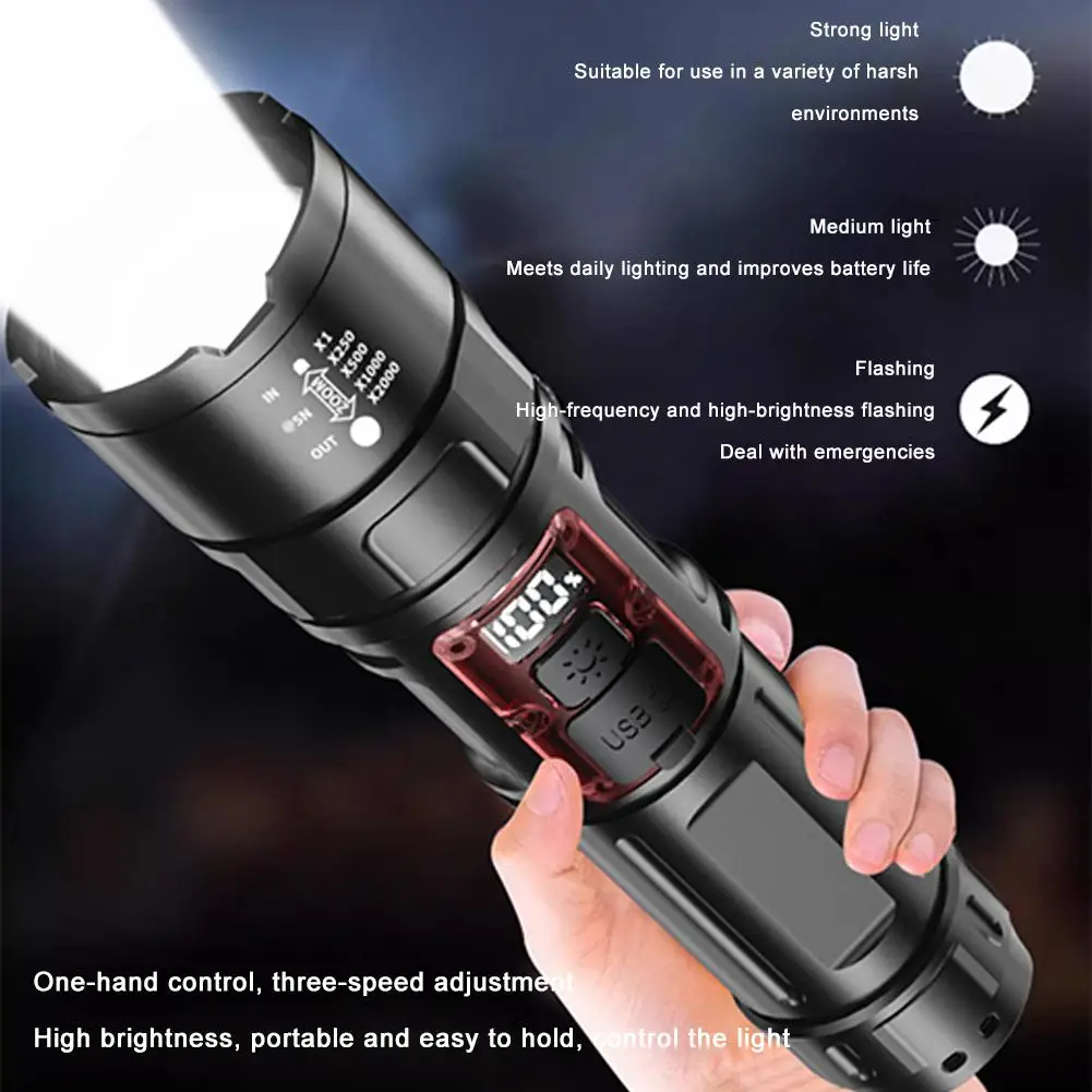 Strong Light Rechargeable Flashlight Powerful LED Flashlight Battery Display Telescopic Zoom Torch Lamp For Outdoor Camping