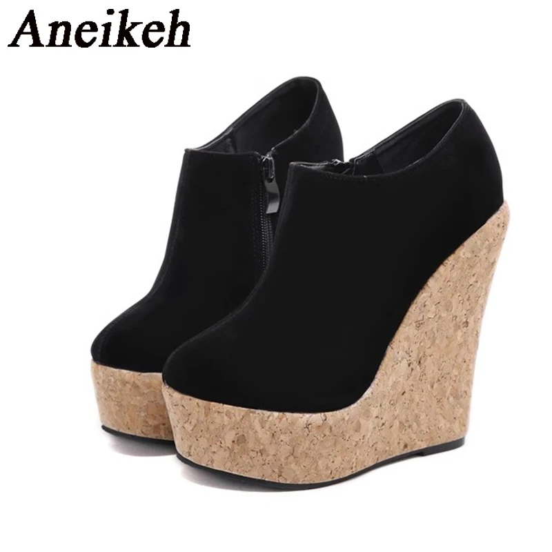 Aneikeh 2025 Spring Autumn Faux Suede Zipper Platform Wedges ANKLE Boots Femme Round Toe Pumps Sexy High Heels Nightclub Shoes