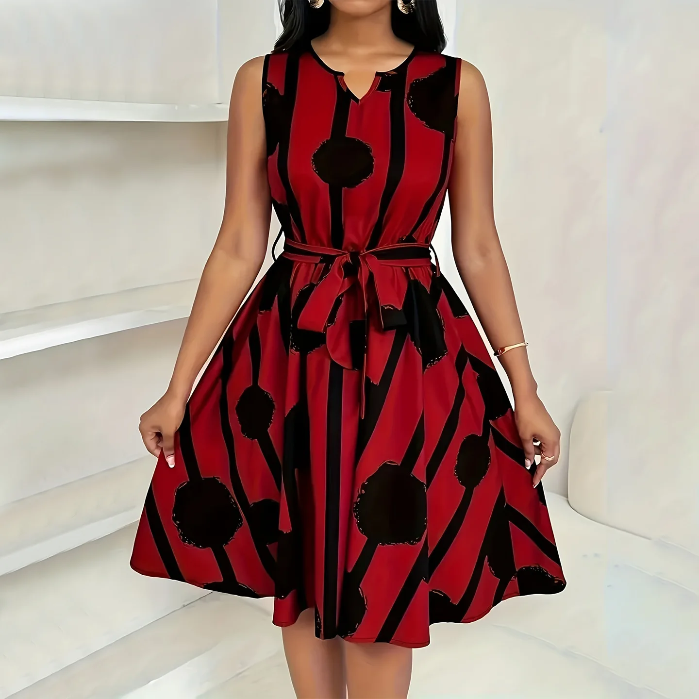 

2363 Women's Fashion 2025 Summer Digital Print Belted Sleeveless Plus Size Dress 2025 Party Summer Elegantes Casual Y2k