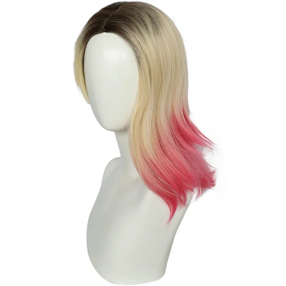 Synthetic Anime Cosplay Ombre Blonde Pink Gradient Short Straight Wig with Bangs Natural Hair Wig For Party