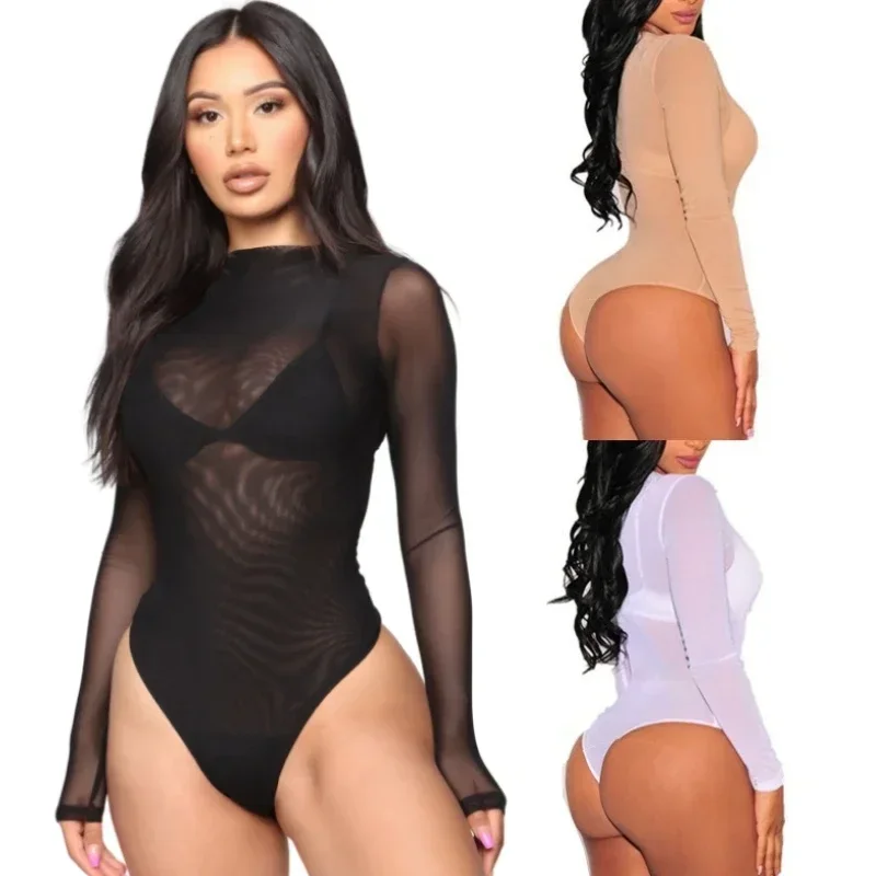 

Elastic Female Bodysuit Tops Sexy Lingerie Sheer Mesh See Through Fishnet Open Crotch One-pieces Bodysuits for Women Plus Size