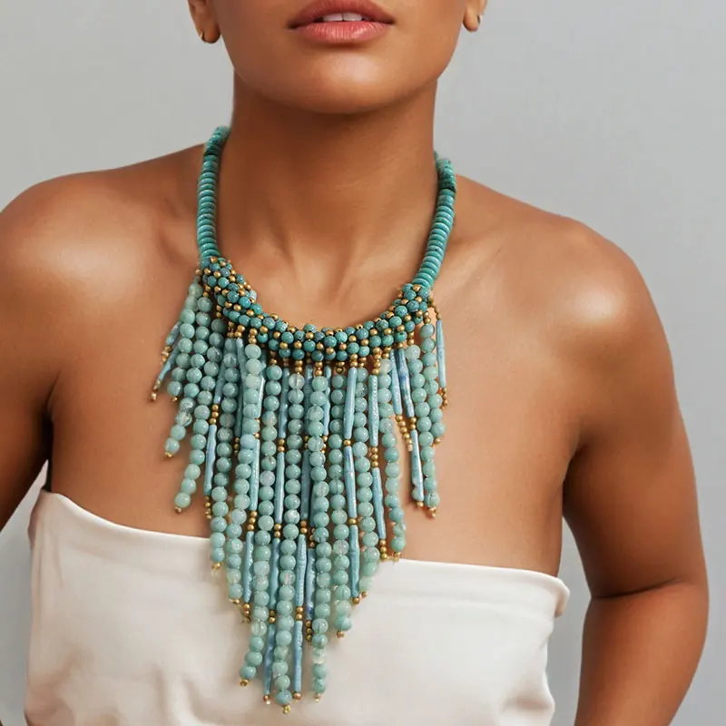 Statement Boho Quasten Acrylperlen Halskette Handgefertigt für Damen Hochzeit Party Schmuck