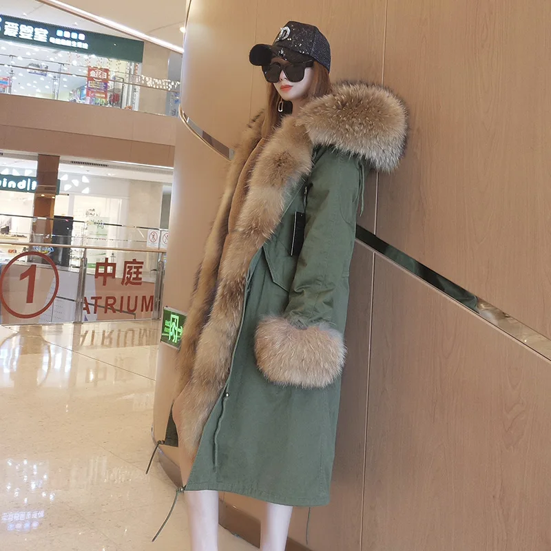 Winter 2021, female long coat, warm long black waterproof park with movable natural fox fur