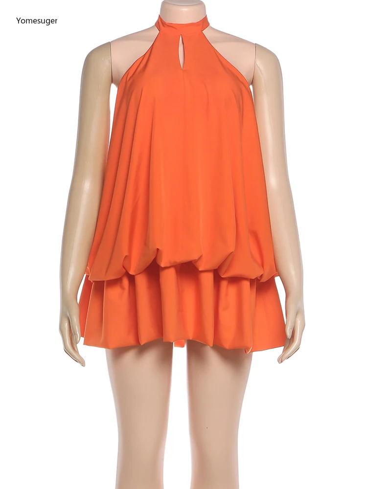 Yomesugar sexy halter sem costas vestido feminino hipster y2k oco bolha sem mangas dupla camada férias de verão meia-noite clubwear
