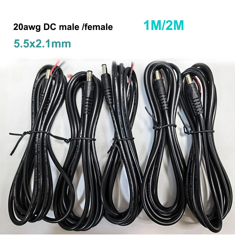 1m 2M 20 AWG 5A 2 wire pin DC male Female Power supply Pigtail extend Cable 5.5x2.1mm Jack Cord Connector For strip Camera