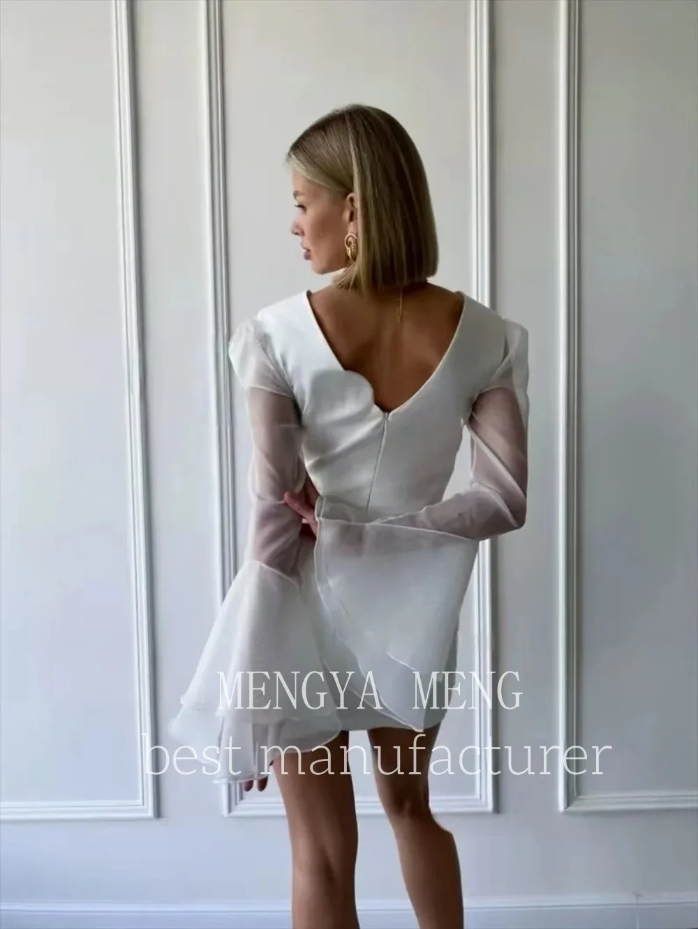 ZHUISHU 2025 Abito da sposa corto per donna Arabo Robe De Mariée Maniche lunghe Scollo a V Pieghe Mini Abiti da sposa sexy Festa formale