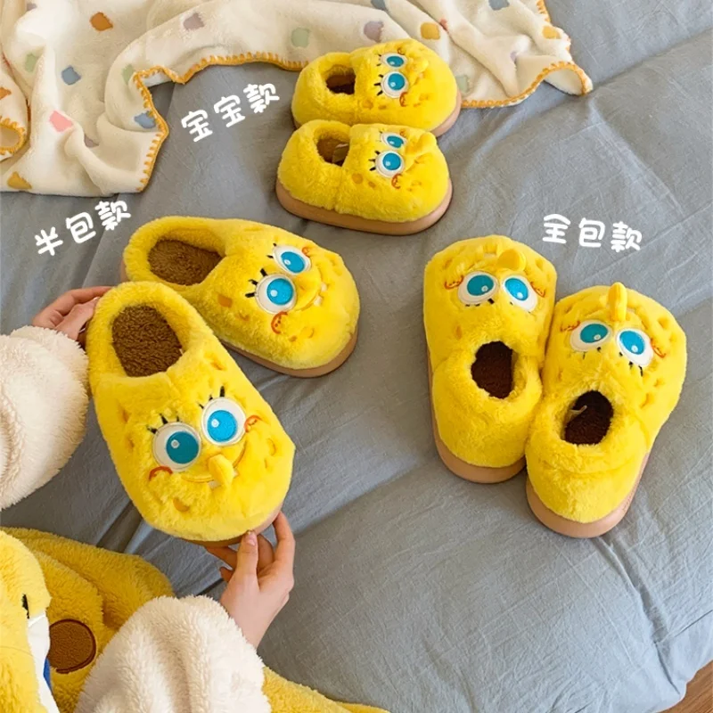 New Hot Anime Peripheral Cute Spongebob Soft-Soled Adult Couple Cotton Slippers All-In-One Package Warm Non-Slip Winter Slippers