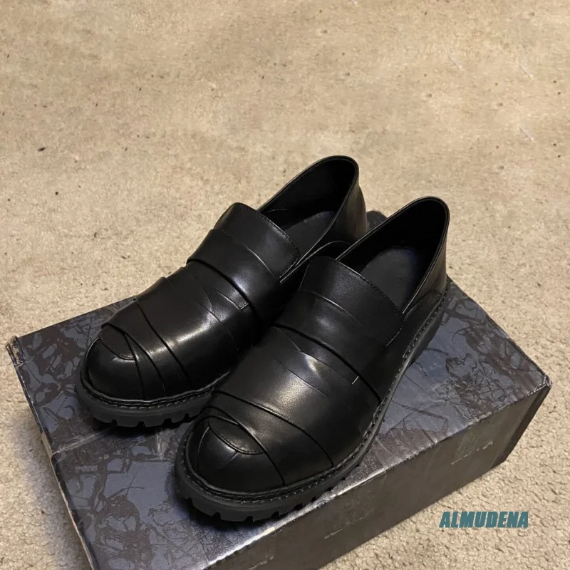 

Black Genuine Leather Men's Loafers Street Style Non-Slip Round Toe Derby Shoes Mummy Wrap Slip-On Casual Shoes for Dress