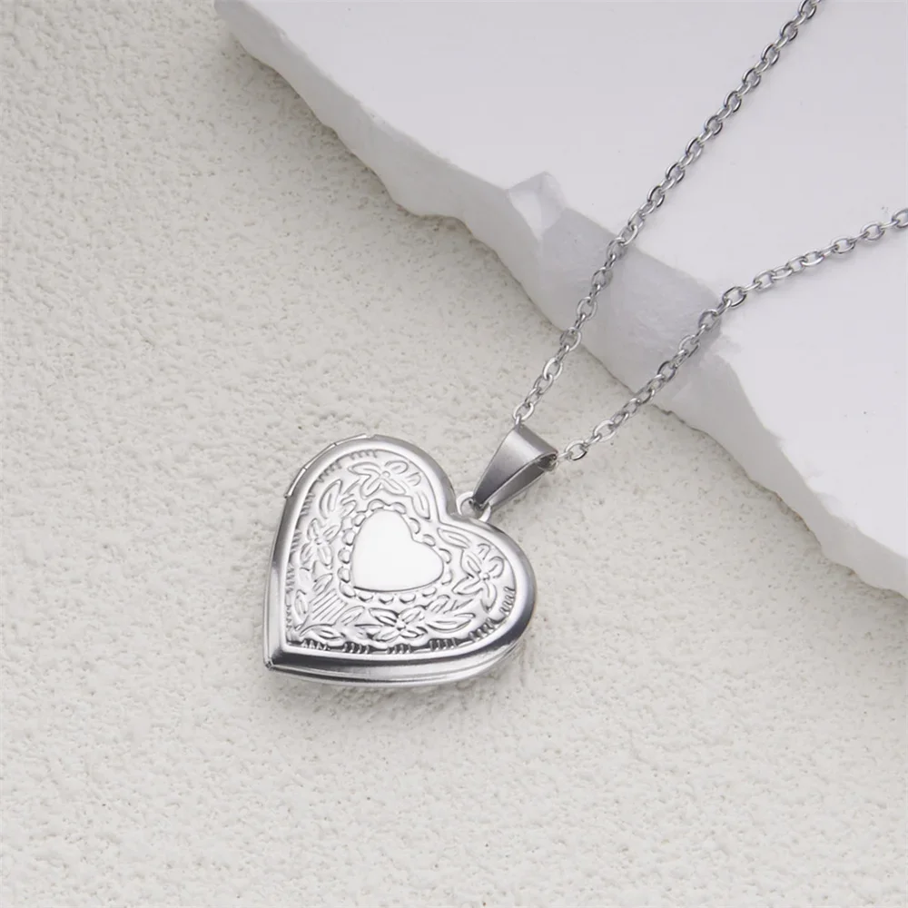 Romantic Heart Locket Pendant Openable Female Silver Color Stainless Steel Photo Frame Charm Necklace for Women Men Jewelry Gift image 4