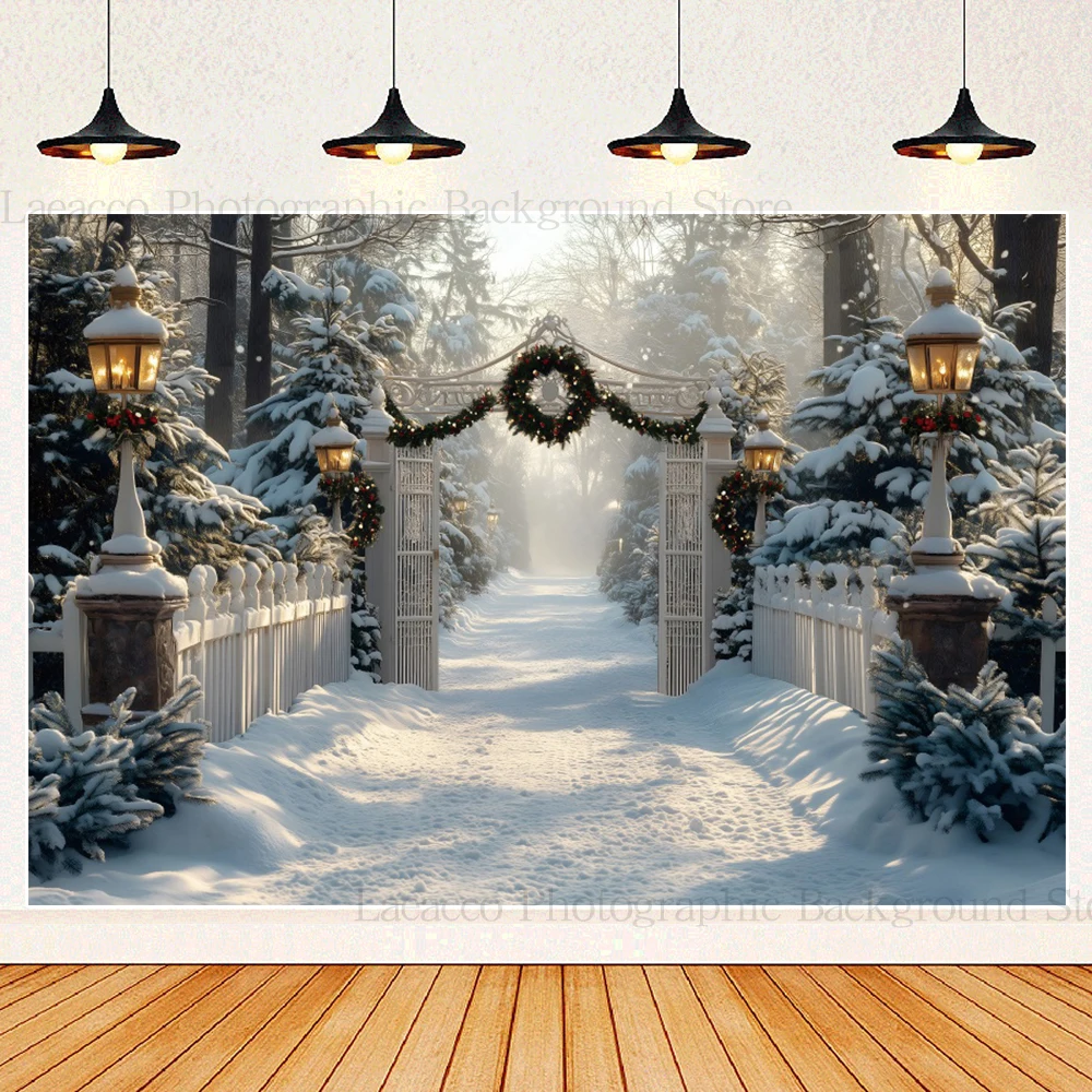 Winter Outdoor Snow Fence Photography Background Christmas Children Portrait Xmas Tree White Snow Ground Backdrop Photo Studio